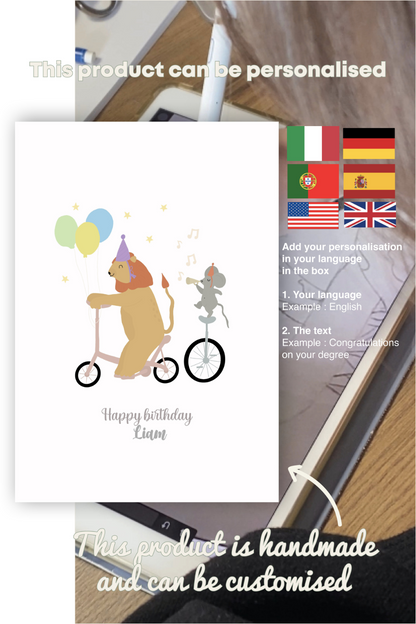 Carte d'anniversaire lion et souris